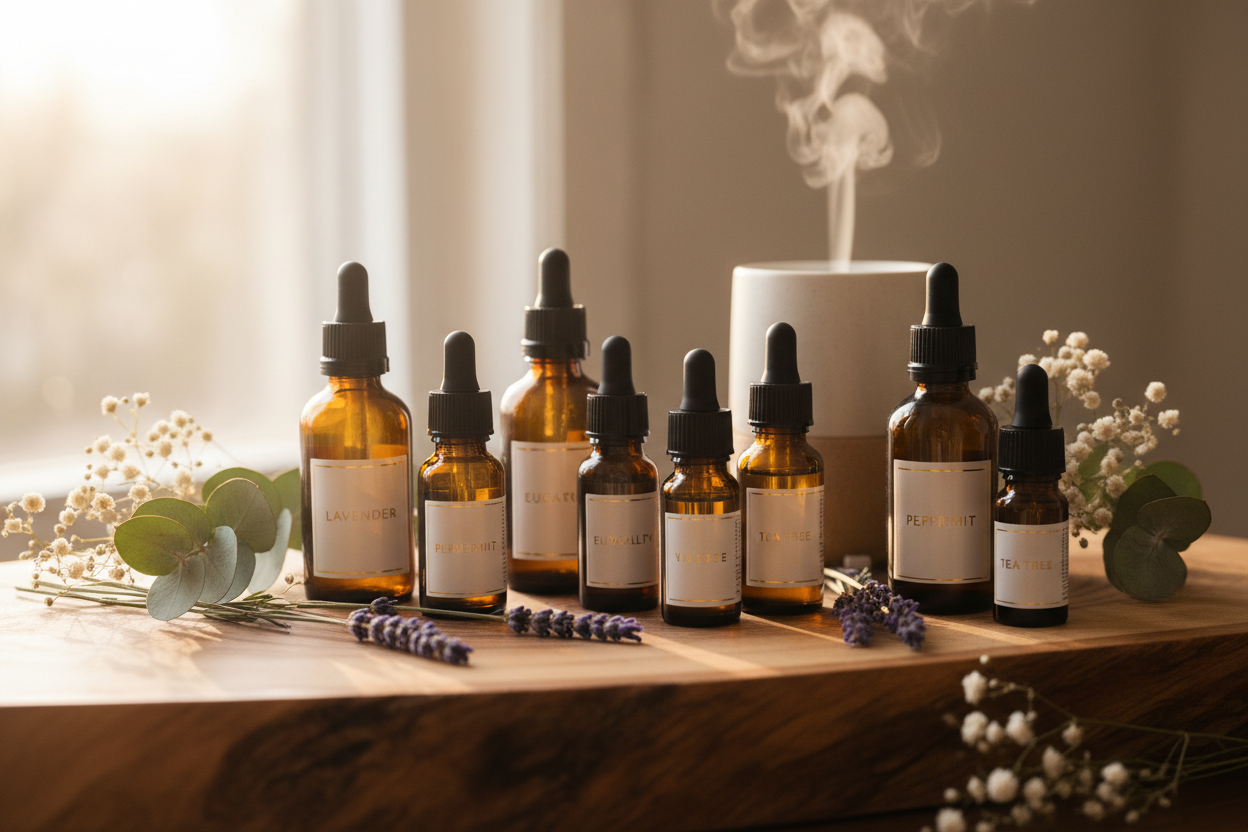 Essential Oils Collection featuring various aromatic bottles and herbs, promoting relaxation and wellness.