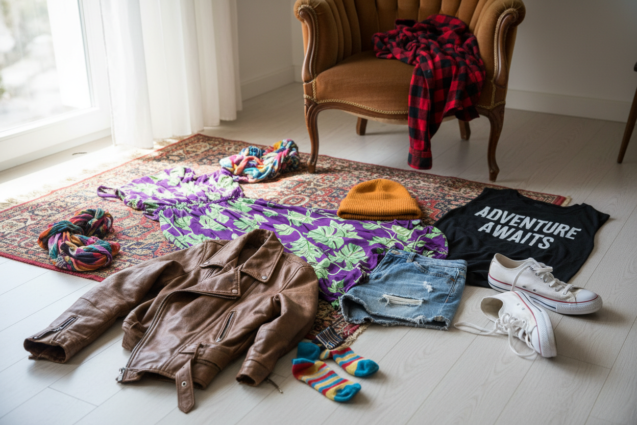 Clothing section featuring trendy outfits including a leather jacket, colorful dress, and casual accessories.