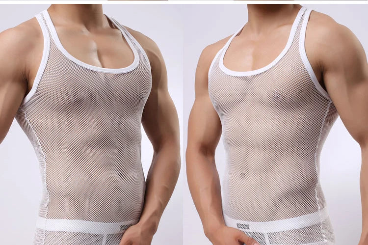 Sexy Tops Transparent Mesh Gym Clothing Men Tank Top Undershirt See Though Sleeveless Shirts Summer Breathable Bodybuilding Vest