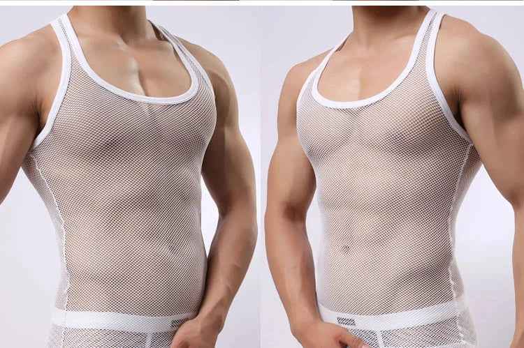 Sexy Tops Transparent Mesh Gym Clothing Men Tank Top Undershirt See Though Sleeveless Shirts Summer Breathable Bodybuilding Vest 99 in 1