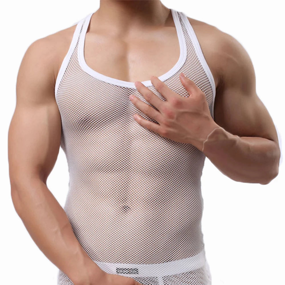 Sexy Tops Transparent Mesh Gym Clothing Men Tank Top Undershirt See Though Sleeveless Shirts Summer Breathable Bodybuilding Vest