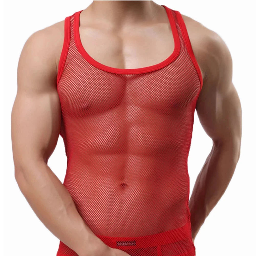Sexy Tops Transparent Mesh Gym Clothing Men Tank Top Undershirt See Though Sleeveless Shirts Summer Breathable Bodybuilding Vest 99 in 1