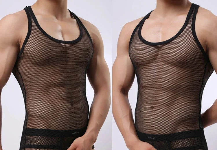 Sexy Tops Transparent Mesh Gym Clothing Men Tank Top Undershirt See Though Sleeveless Shirts Summer Breathable Bodybuilding Vest 99 in 1