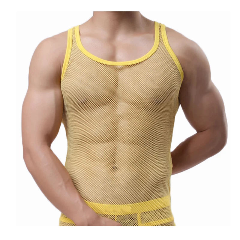Sexy Tops Transparent Mesh Gym Clothing Men Tank Top Undershirt See Though Sleeveless Shirts Summer Breathable Bodybuilding Vest