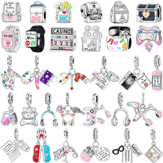 Back To School 925 Sterling Silver Charms Bag Earphone Magic Cube Watch Games Console Bead Pendant Fit Bracelet Necklace Jewelry