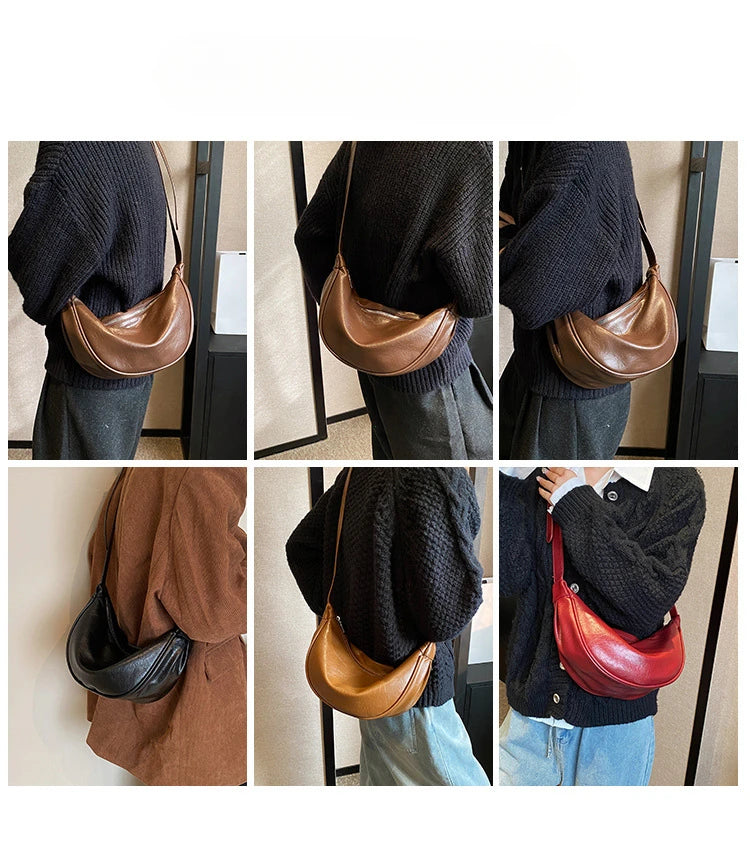 Women Small Crossbody Bag Leather PU Crescent Bag Casual Shoulder Dumpling Сумка Versatile Half Moon Bag Girl Stylish Purse 2024