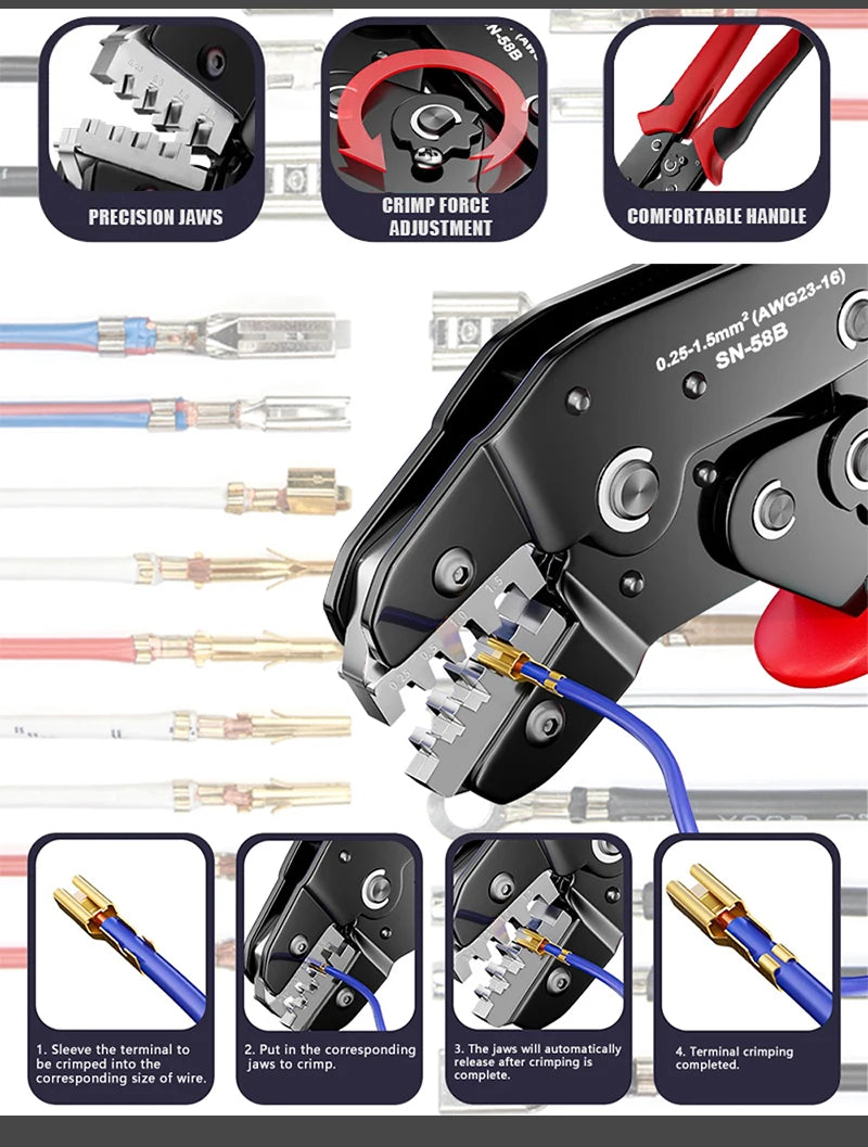Ratcheting Crimping Tool Set For Dupont JST MOLEX Open Barrel,Dupont Molex JST TE Terminals & EPC PCIE SATA Pins SN-58B