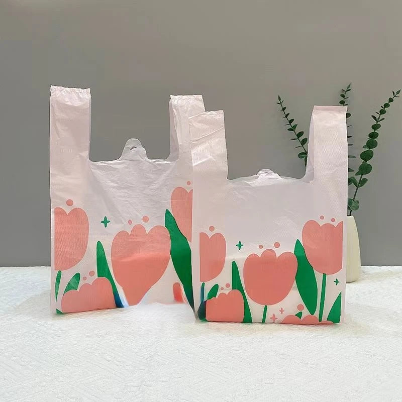 50Pcs Pink Tulip Clear Shopping Packaging Bag Plastic Cute Flower Gift Bags For Jewelry Candy Store Small Business Supermarket