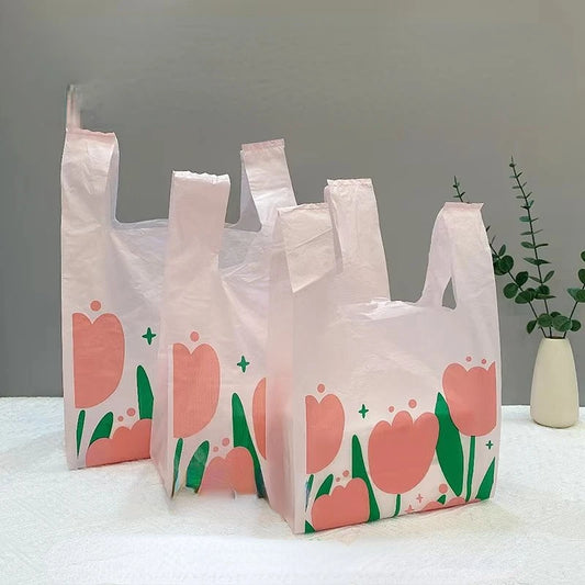 50Pcs Pink Tulip Clear Shopping Packaging Bag Plastic Cute Flower Gift Bags For Jewelry Candy Store Small Business Supermarket
