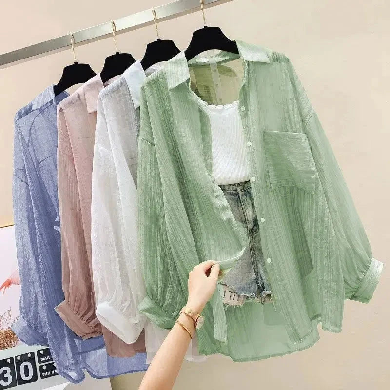 Summer Sunscreen Shirt Elegant Perspective Thin Chiffon Blouse Korean Harajuku See Through Loose Top Casual Women's Cardigan 99 in 1