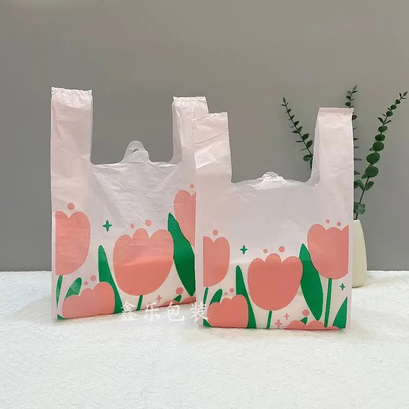 50Pcs Pink Tulip Clear Shopping Packaging Bag Plastic Cute Flower Gift Bags For Jewelry Candy Store Small Business Supermarket