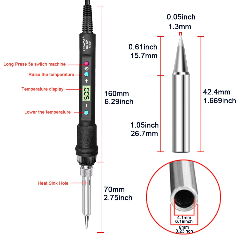 Digital Soldering Iron Set Kit 80W with ON/OFF Switch Adjustable Temperature LCD Welding Tools Ceramic Heater Soldering Tips