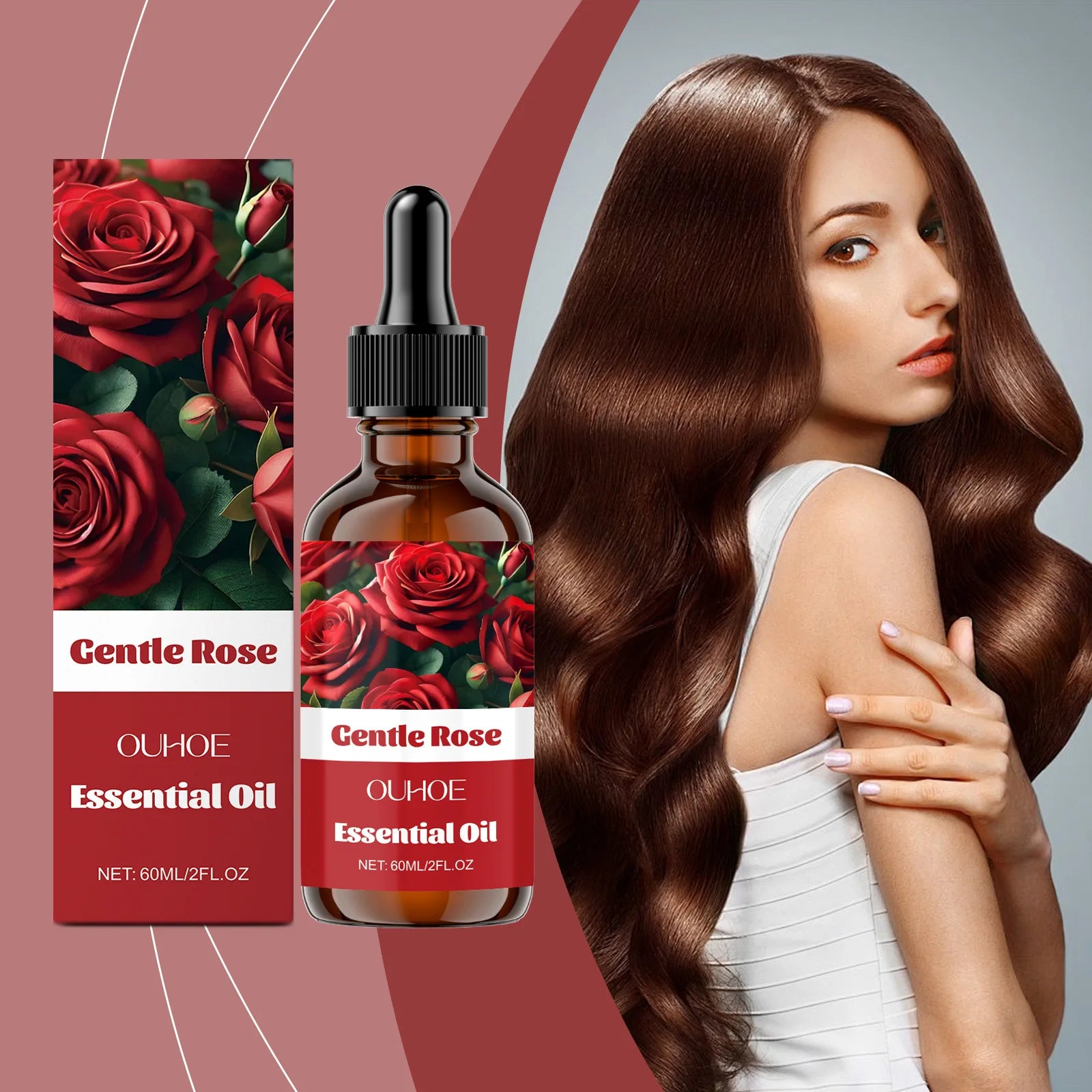 OUHOE Essential Oil bottle with floral packaging and model showcasing healthy hair and skin.