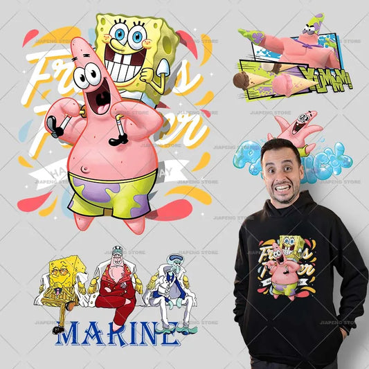 SpongeBob Cartoon Printed Iron on Transfers Patrick Star Heat Transfer Vinyl Stickers For Clothes Thermal Patches Applique Decor