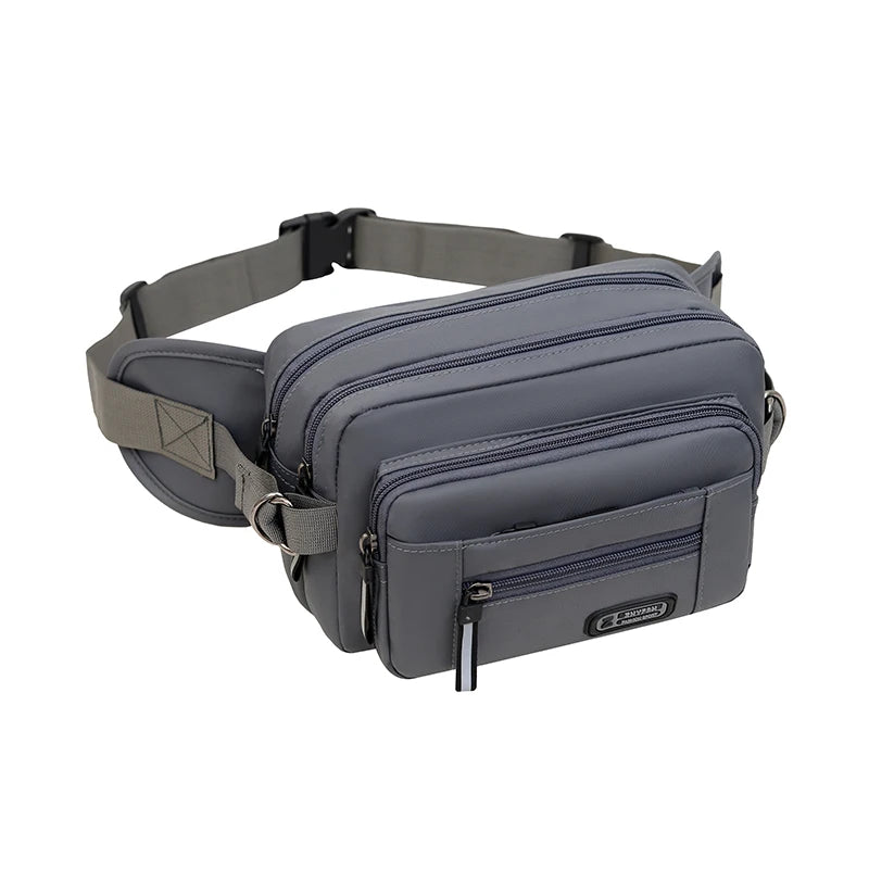 Men’s waist bag in gray color, multifunctional waterproof tool belt pack for outdoor sports and running.