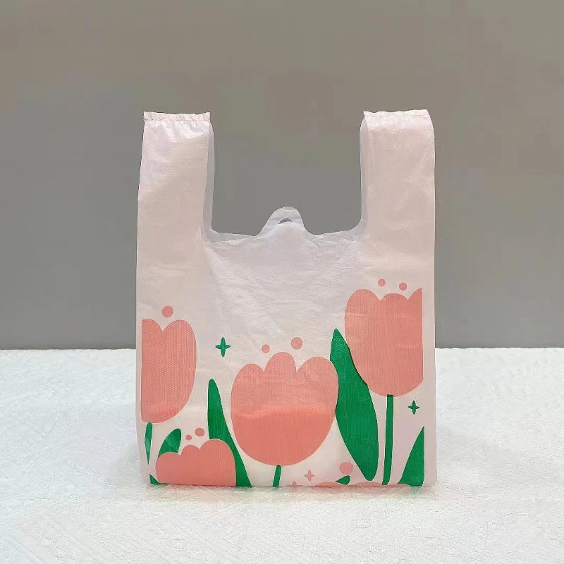 50Pcs Pink Tulip Clear Shopping Packaging Bag Plastic Cute Flower Gift Bags For Jewelry Candy Store Small Business Supermarket