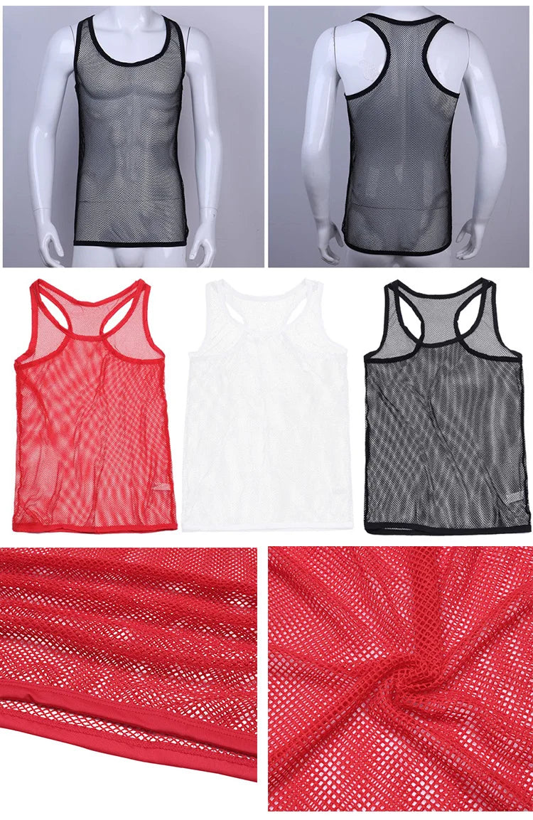 Sexy Tops Transparent Mesh Gym Clothing Men Tank Top Undershirt See Though Sleeveless Shirts Summer Breathable Bodybuilding Vest