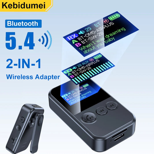 Lavalier Bluetooth 5.4 Audio Receiver Transmitter 3.5mm AUX TF Card Play Wireless Adapter with LCD Display For PC TV Speaker