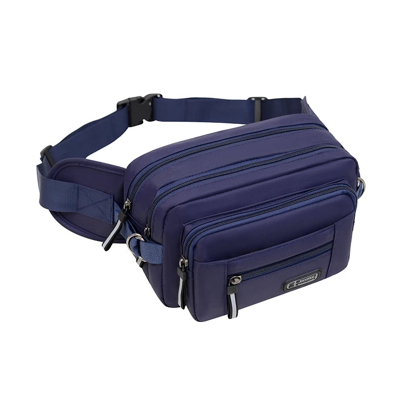 Men’s waist bag – multifunctional waterproof tool belt pack in navy blue for outdoor sports and running.
