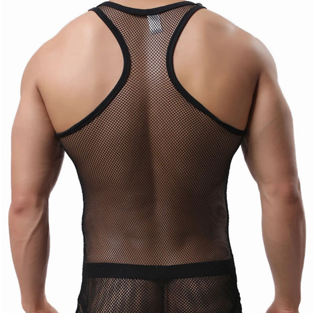 Sexy Tops Transparent Mesh Gym Clothing Men Tank Top Undershirt See Though Sleeveless Shirts Summer Breathable Bodybuilding Vest