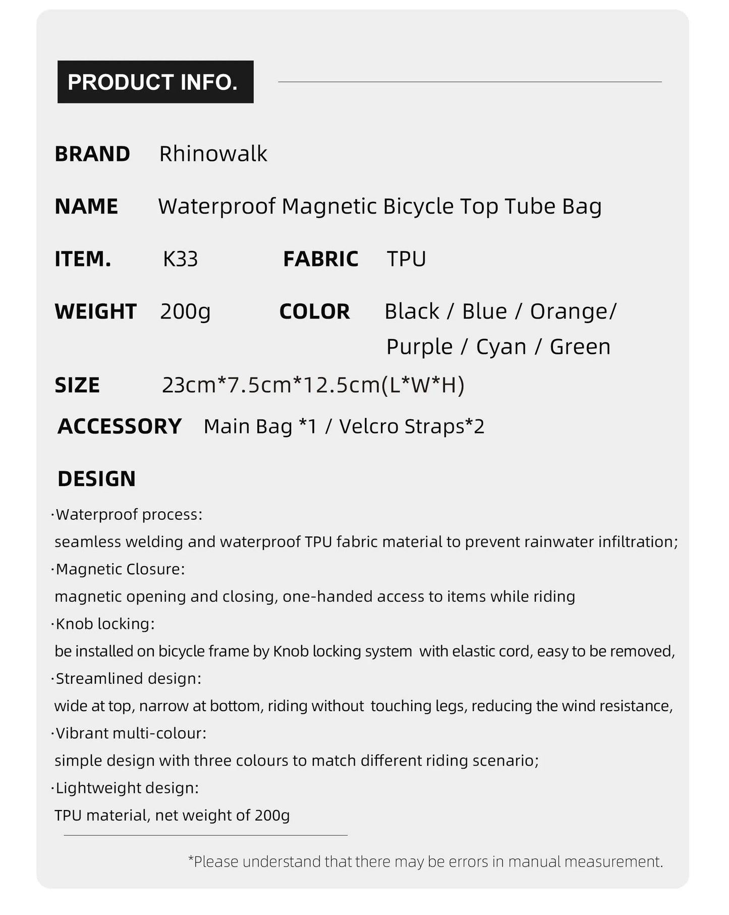 Rhinowalk-Waterproof Top Tube Bag, Bicycle Front Frame Bag, Seamless Welding Process, Suitable for Mountain Bike, Road Bike