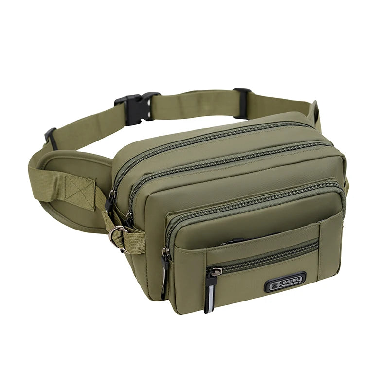 Men’s waist bag in olive green color, multifunctional and waterproof, ideal for outdoor sports and running.