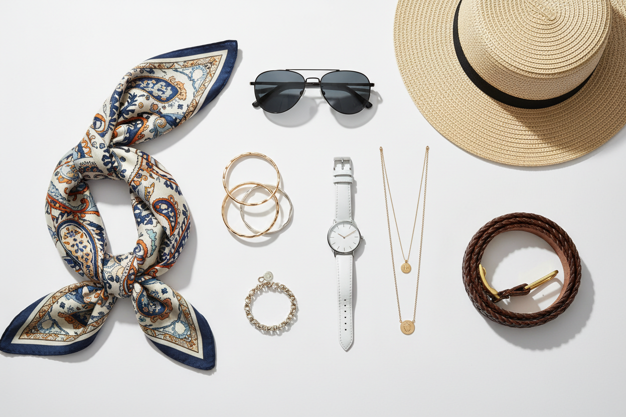 Style essentials for outfits including scarf, sunglasses, jewelry, watch, and hat.