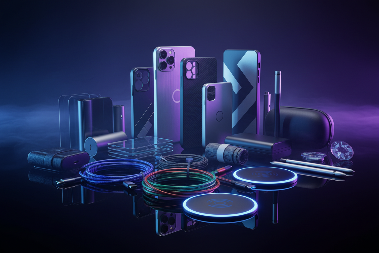 Collection of smart tech essentials including gadgets and accessories in vibrant colors.