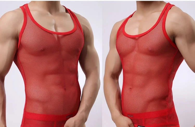 Sexy Tops Transparent Mesh Gym Clothing Men Tank Top Undershirt See Though Sleeveless Shirts Summer Breathable Bodybuilding Vest 99 in 1