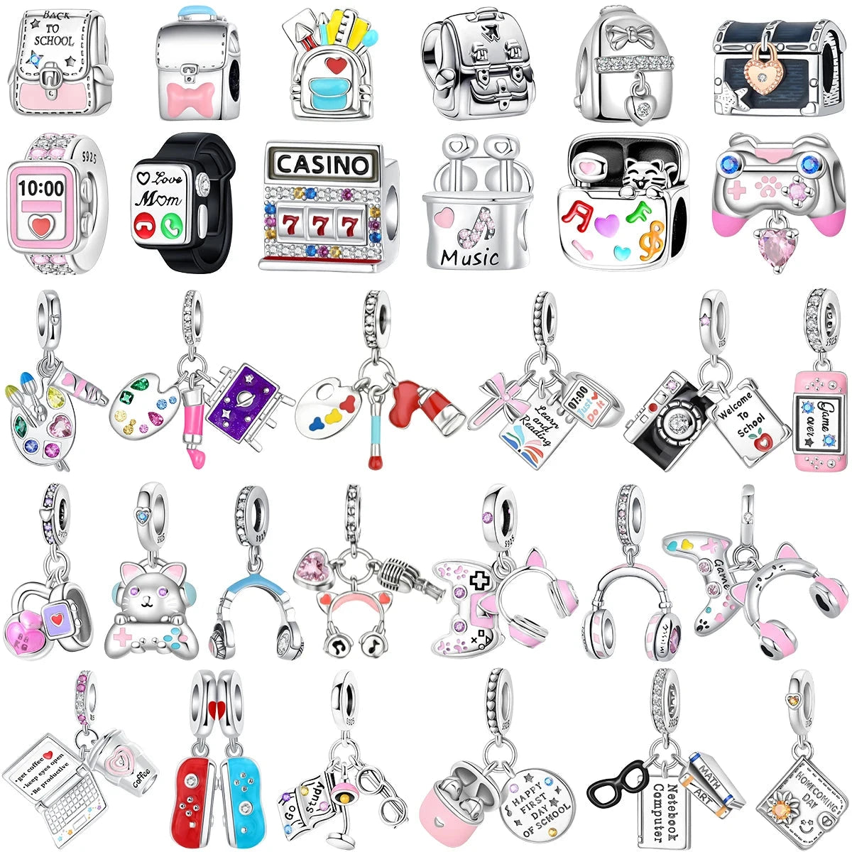 Back To School 925 Sterling Silver Charms Bag Earphone Magic Cube Watch Games Console Bead Pendant Fit Bracelet Necklace Jewelry 99 in 1