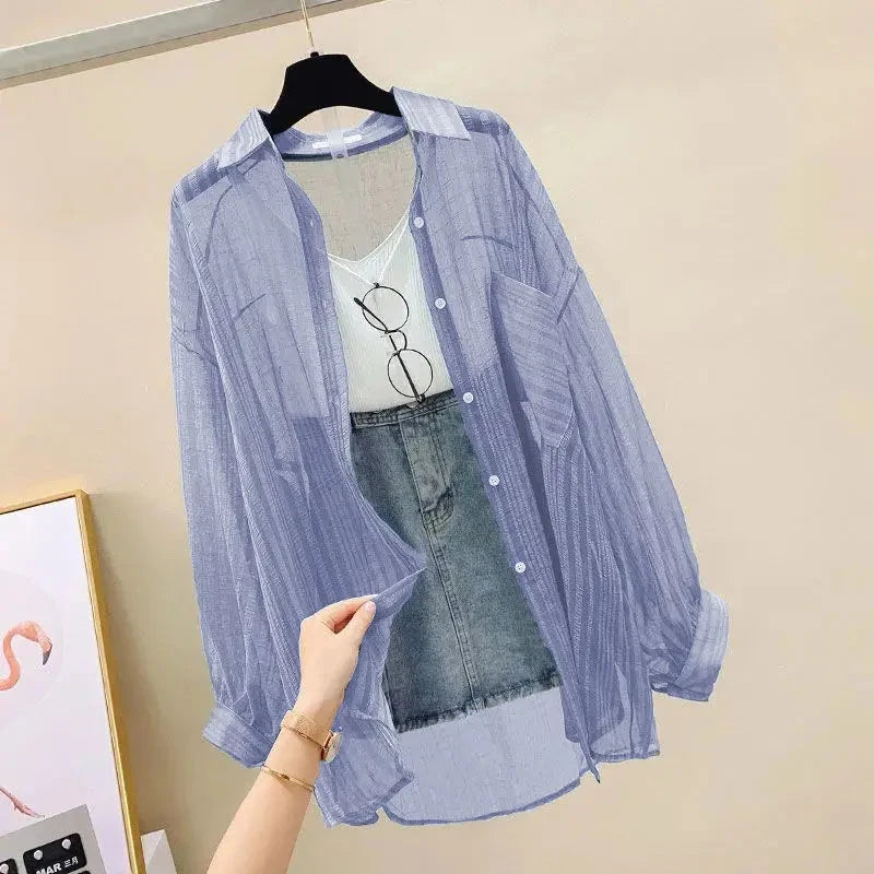 Summer Sunscreen Shirt Elegant Perspective Thin Chiffon Blouse Korean Harajuku See Through Loose Top Casual Women's Cardigan 99 in 1
