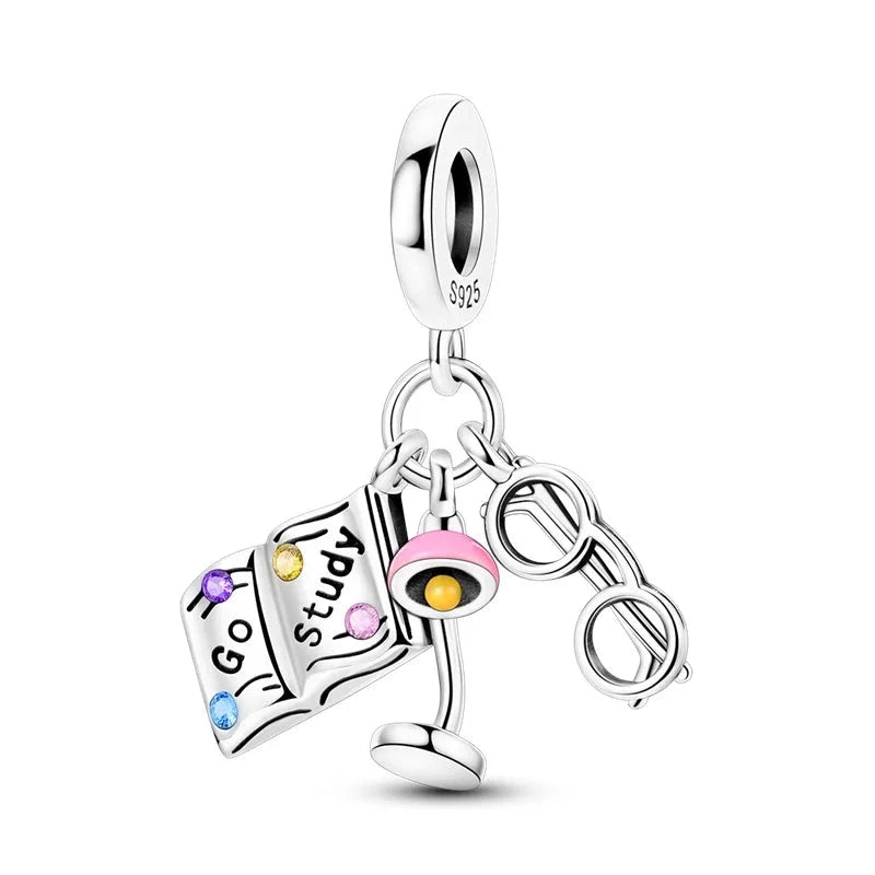 Back To School 925 Sterling Silver Charms Bag Earphone Magic Cube Watch Games Console Bead Pendant Fit Bracelet Necklace Jewelry 99 in 1