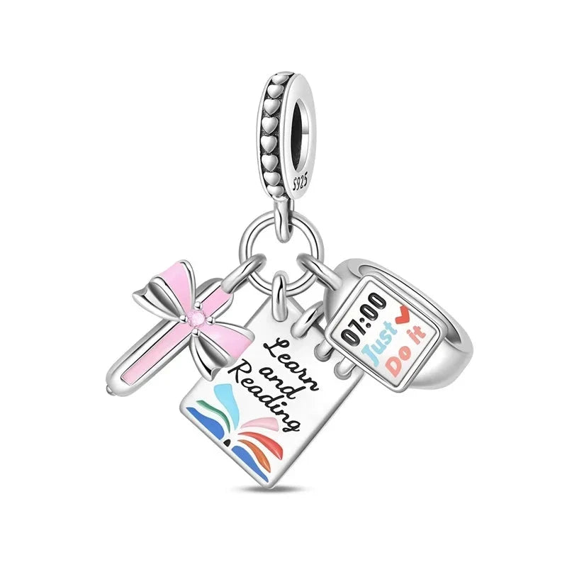 Back To School 925 Sterling Silver Charms Bag Earphone Magic Cube Watch Games Console Bead Pendant Fit Bracelet Necklace Jewelry 99 in 1