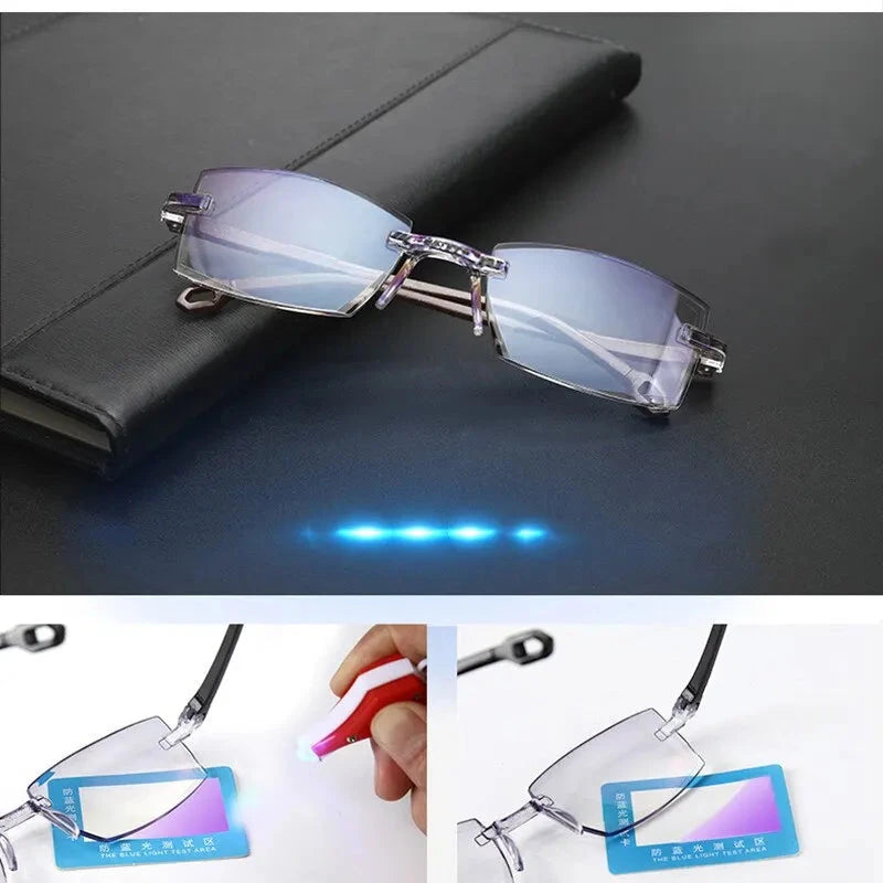 2 Pair New Men Women Rimless Reading Glasses Anti Blue Light Bifocal Far Near Magnification Eyewear Presbyopic Glasses +150 +200 99 in 1