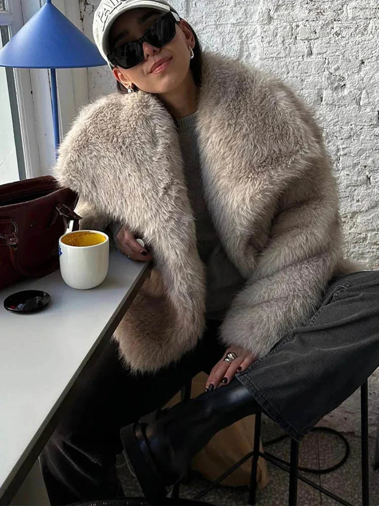 HH Women Fashion Cropped Faux Fur Jacket Coat Long Sleeve Front Snap-button Female Outerwear Chic Lapel Collar Thick Coat 99 in 1
