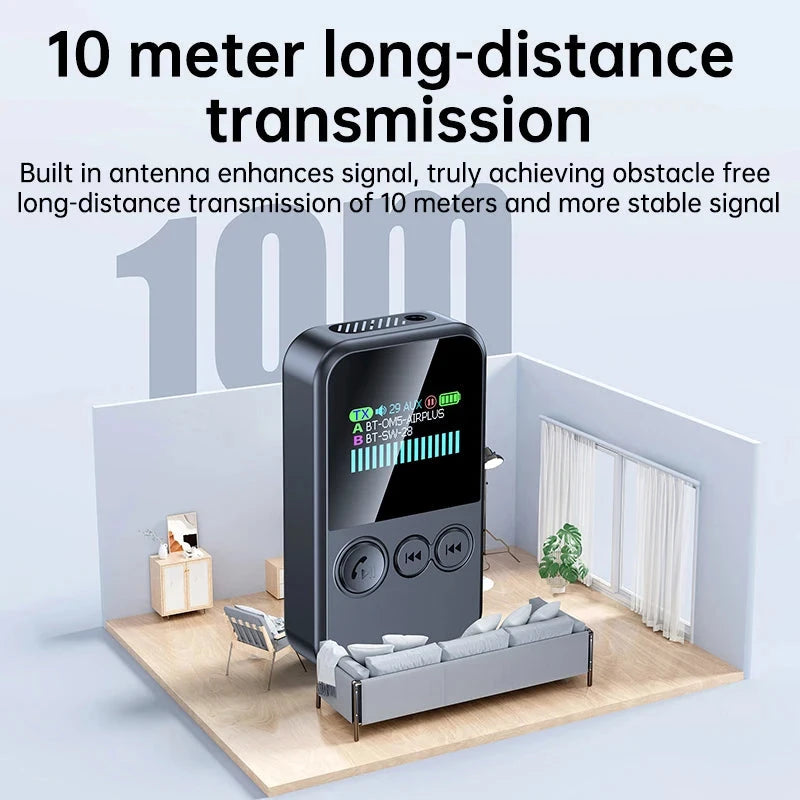 Lavalier Bluetooth 5.4 Audio Receiver Transmitter 3.5mm AUX TF Card Play Wireless Adapter with LCD Display For PC TV Speaker 99 in 1