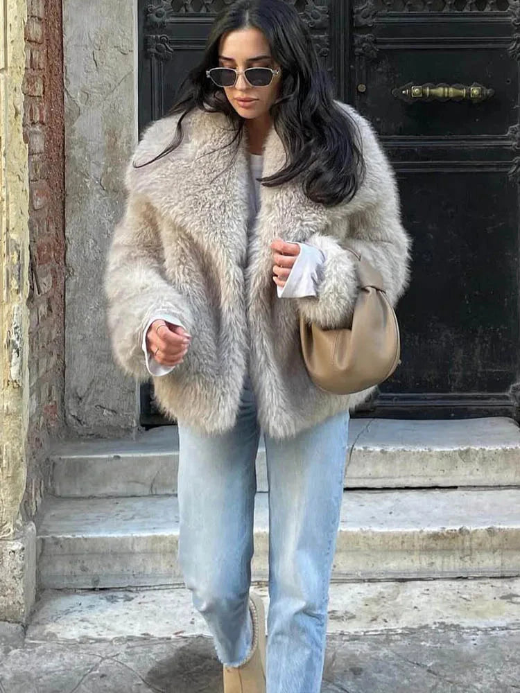 HH Women Fashion Cropped Faux Fur Jacket Coat Long Sleeve Front Snap-button Female Outerwear Chic Lapel Collar Thick Coat 99 in 1