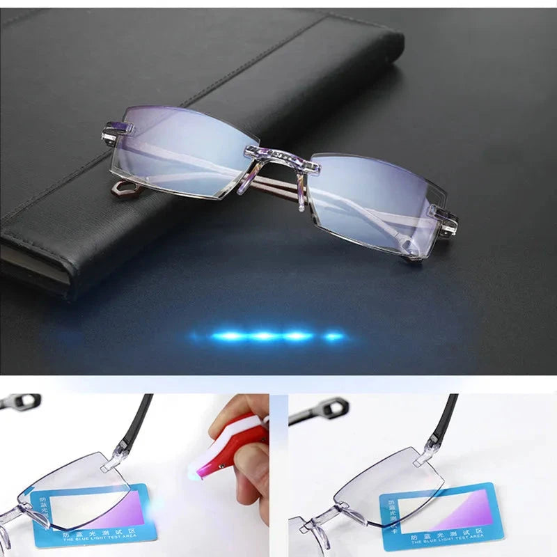 2 Pair New Men Women Rimless Reading Glasses Anti Blue Light Bifocal Far Near Magnification Eyewear Presbyopic Glasses +150 +200 99 in 1