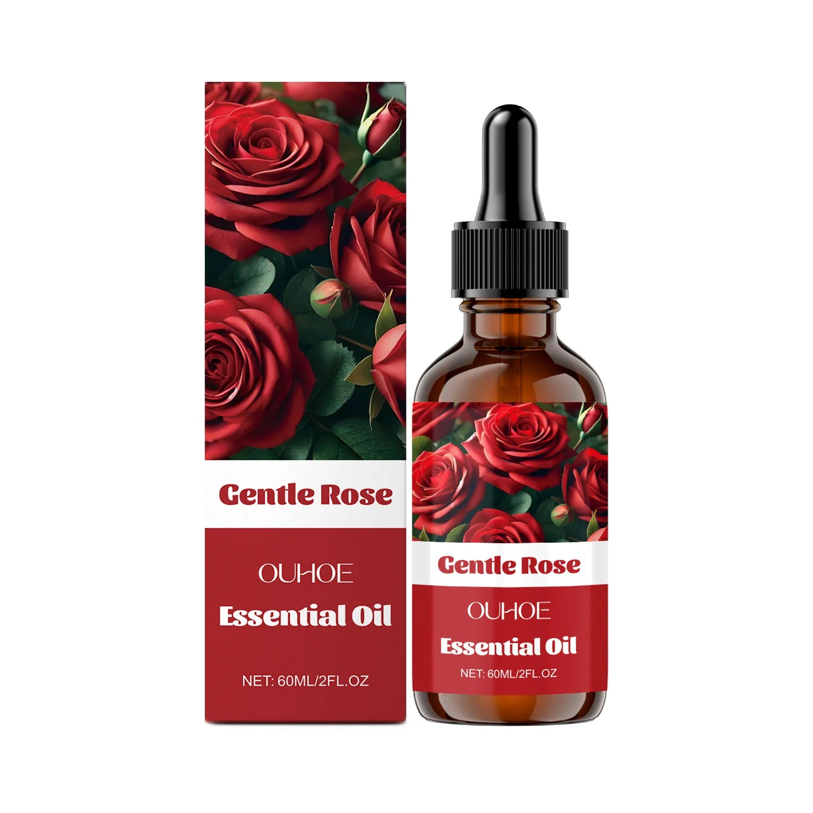 OUHOE Essential Oil in a dropper bottle with rose design for deep hydration and glowing skin.