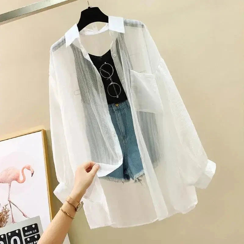 Summer Sunscreen Shirt Elegant Perspective Thin Chiffon Blouse Korean Harajuku See Through Loose Top Casual Women's Cardigan 99 in 1