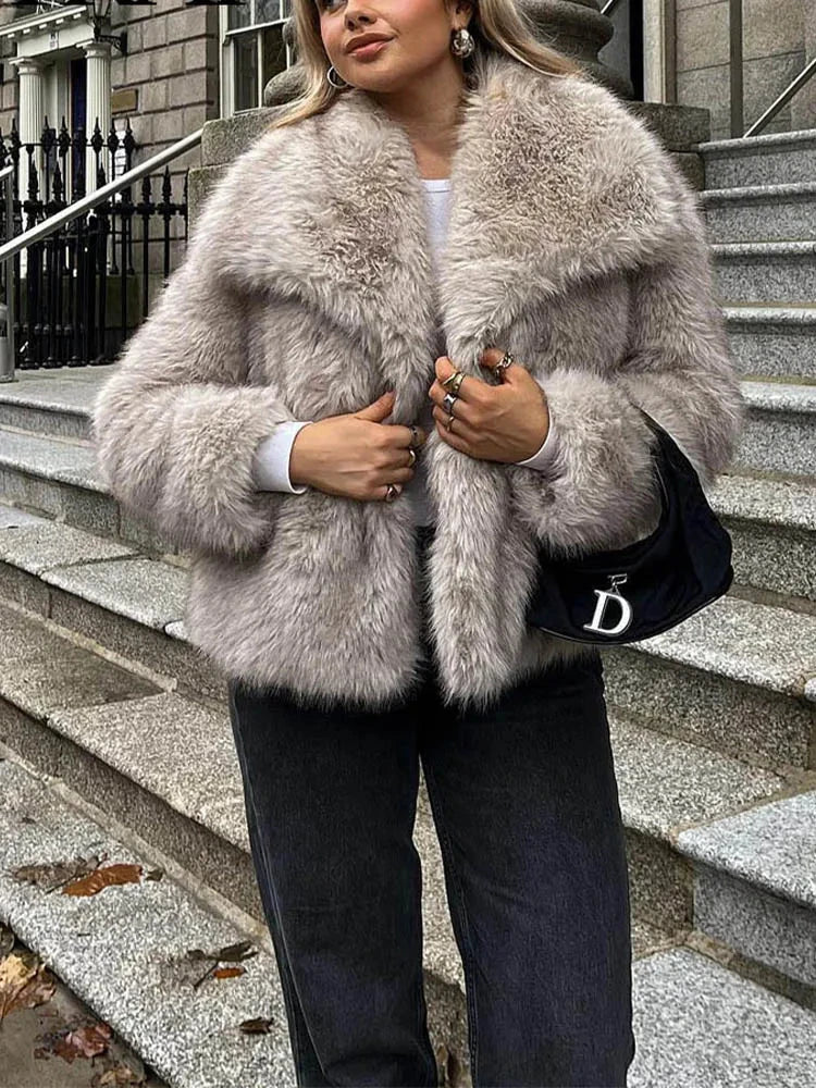 HH Women Fashion Cropped Faux Fur Jacket Coat Long Sleeve Front Snap-button Female Outerwear Chic Lapel Collar Thick Coat 99 in 1
