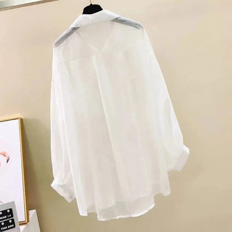 Summer Sunscreen Shirt Elegant Perspective Thin Chiffon Blouse Korean Harajuku See Through Loose Top Casual Women's Cardigan 99 in 1