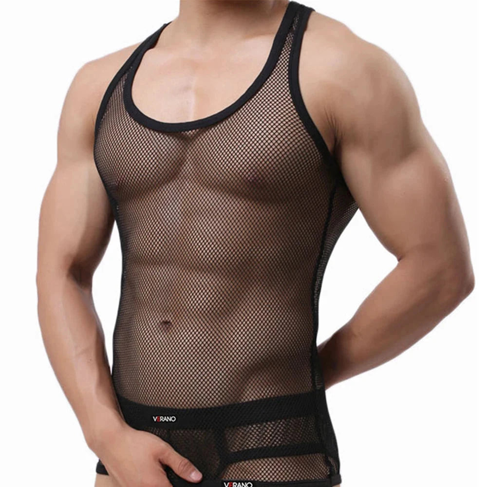 Sexy Tops Transparent Mesh Gym Clothing Men Tank Top Undershirt See Though Sleeveless Shirts Summer Breathable Bodybuilding Vest 99 in 1