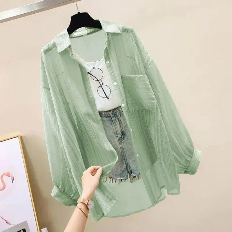 Summer Sunscreen Shirt Elegant Perspective Thin Chiffon Blouse Korean Harajuku See Through Loose Top Casual Women's Cardigan 99 in 1