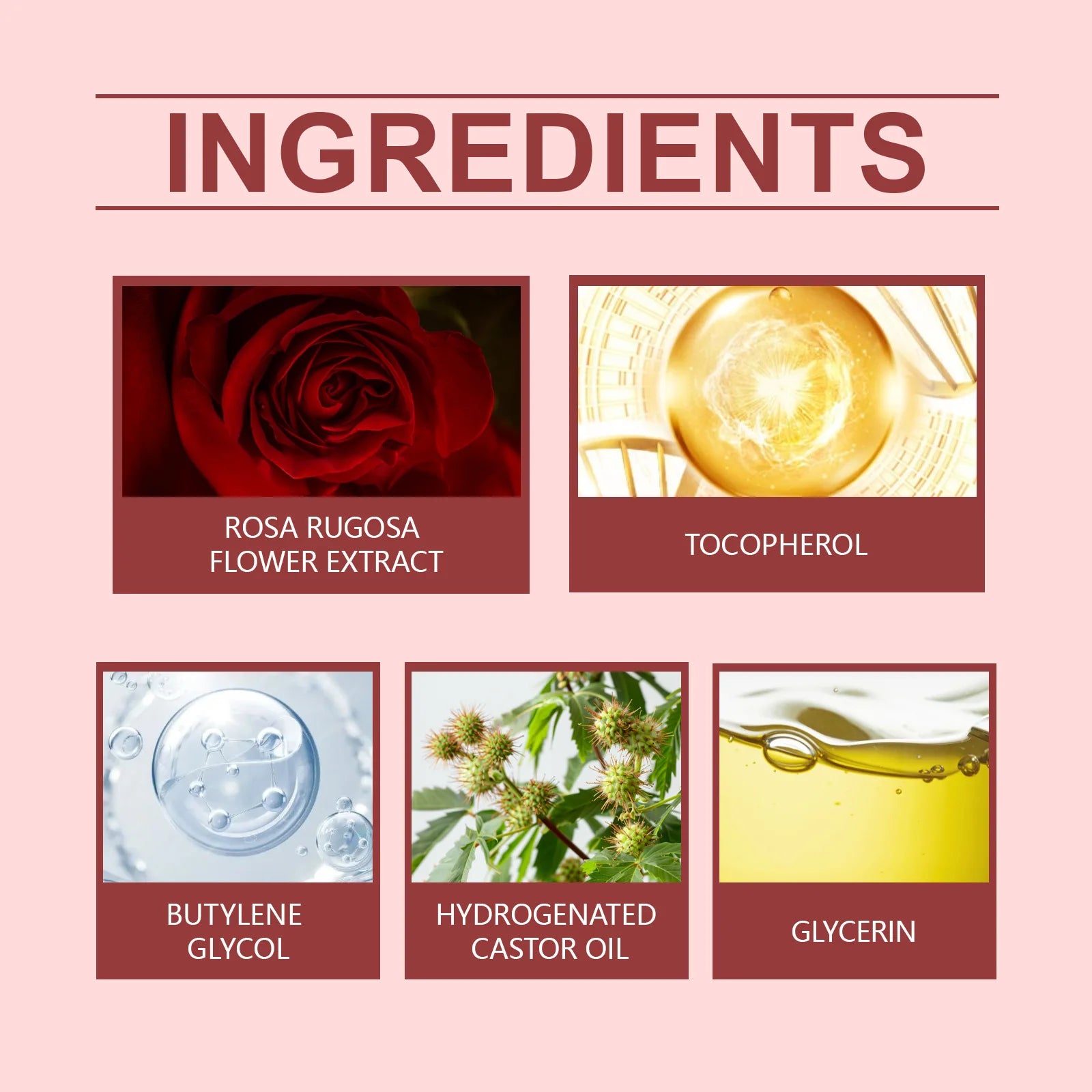 Ingredients of OUHOE Essential Oil including Rosa Rugosa Flower Extract, Tocopherol, Butylene Glycol, Hydrogenated Castor Oil, and Glycerin.