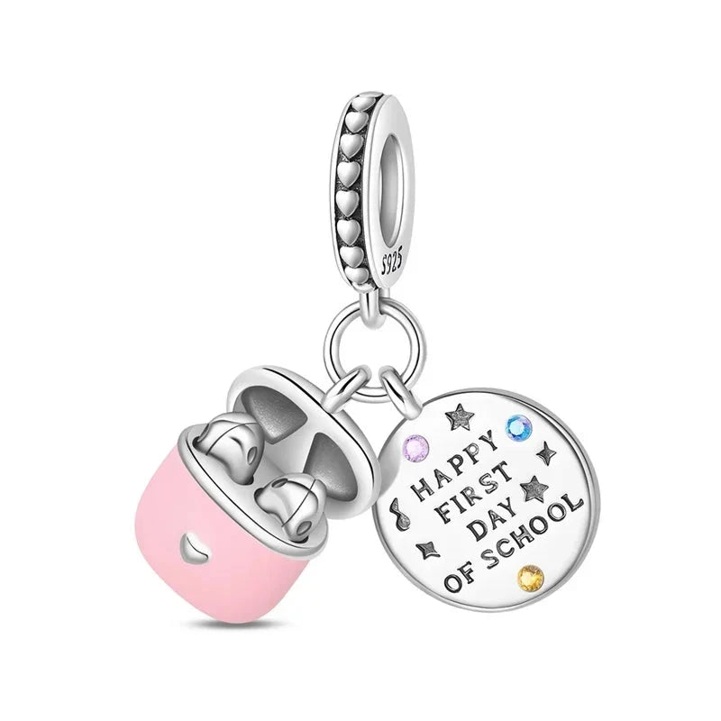 Back To School 925 Sterling Silver Charms Bag Earphone Magic Cube Watch Games Console Bead Pendant Fit Bracelet Necklace Jewelry 99 in 1