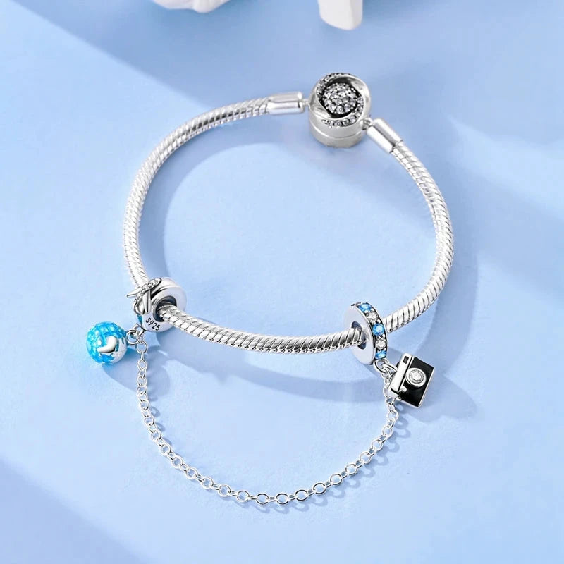 925 Sterling Silver Safety Chain Aircraft Earth Camera Daisy Silicone Charms Beads Fit Original Bracelets DIY Jewelry For Women 99 in 1