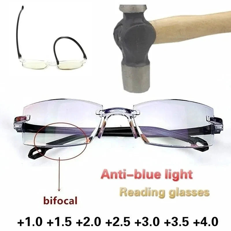 2 Pair New Men Women Rimless Reading Glasses Anti Blue Light Bifocal Far Near Magnification Eyewear Presbyopic Glasses +150 +200 99 in 1