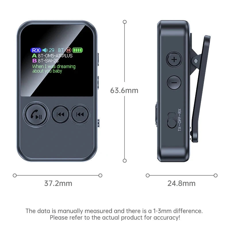 Lavalier Bluetooth 5.4 Audio Receiver Transmitter 3.5mm AUX TF Card Play Wireless Adapter with LCD Display For PC TV Speaker 99 in 1