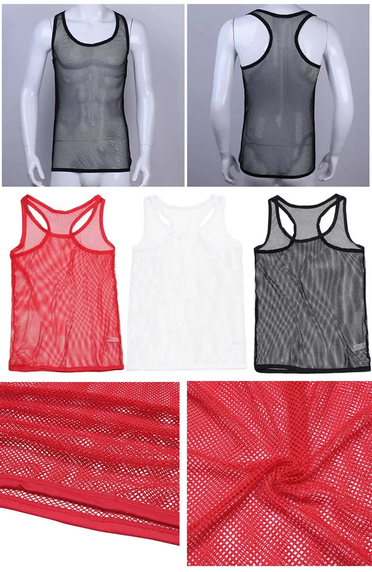 Sexy Tops Transparent Mesh Gym Clothing Men Tank Top Undershirt See Though Sleeveless Shirts Summer Breathable Bodybuilding Vest 99 in 1